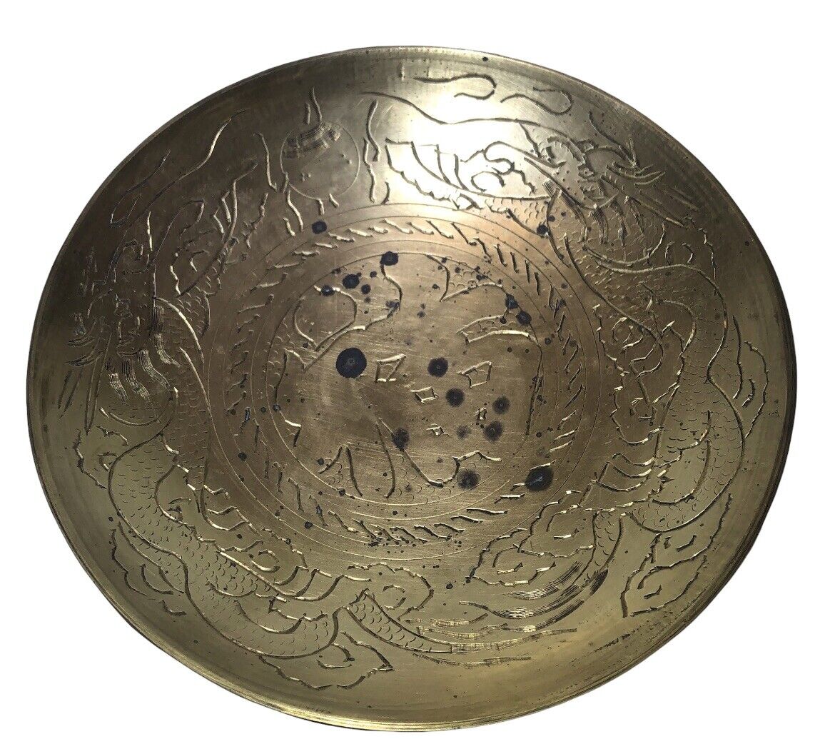 Vintage Brass 8” Bowl/Plate Engraved Etched Chinese  Dish Heavy Duty See Details