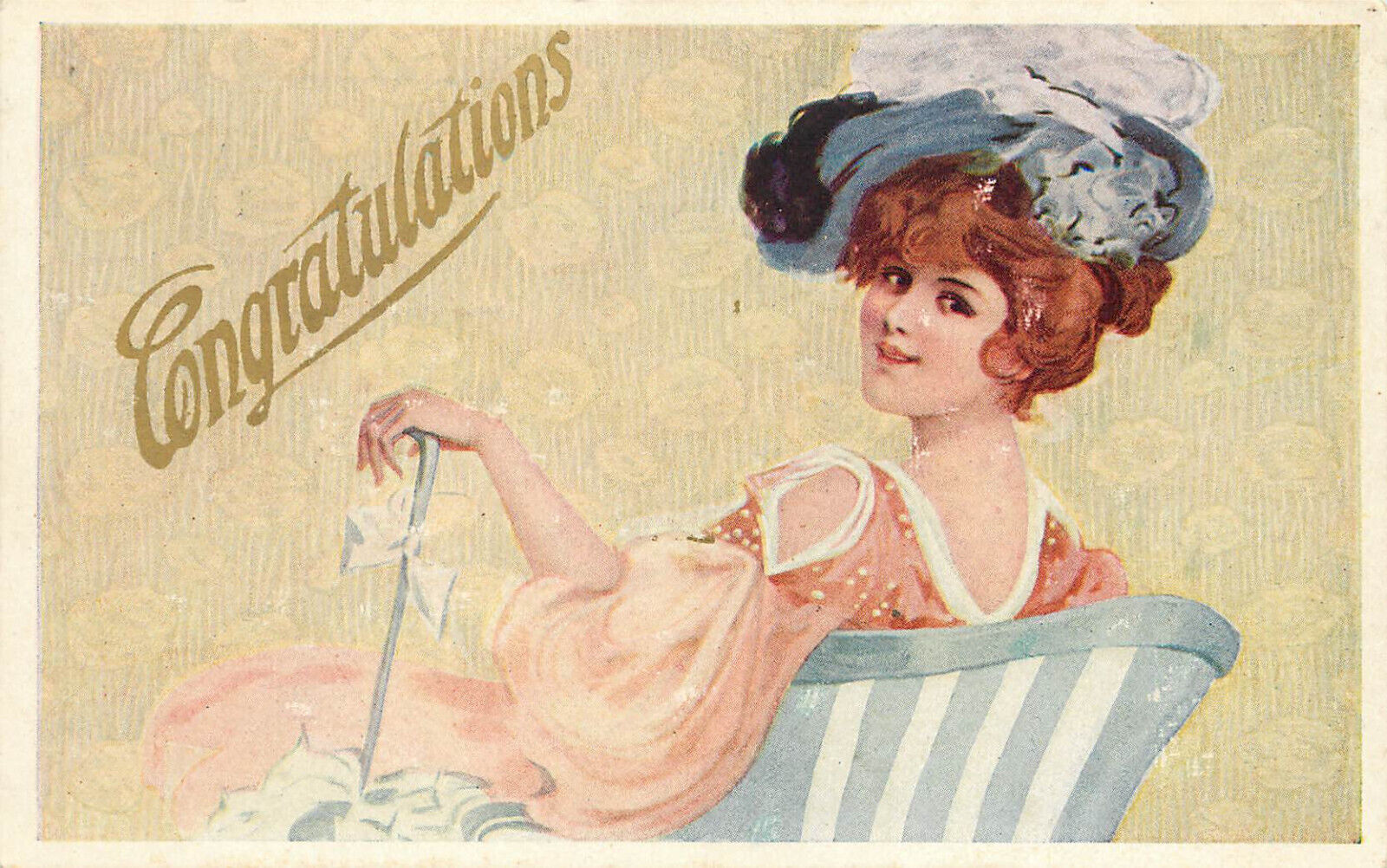 Congratulations Postcard With Elegant Early 20th Century Fancy Woman