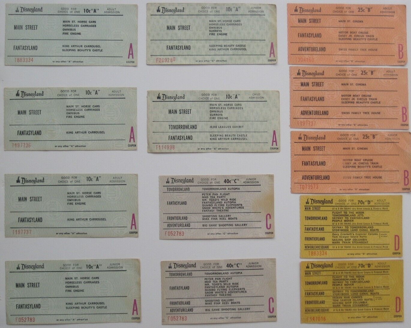 Early 1970s DISNEYLAND 13 ABCD Coupons Adult Child Junior Fantasyland SF&D RR