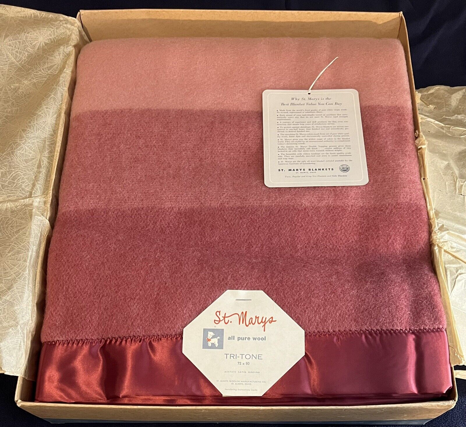 Vintage St Marys Tri Tone Mulberry Wool Blanket 72 x 90 New With Tags 