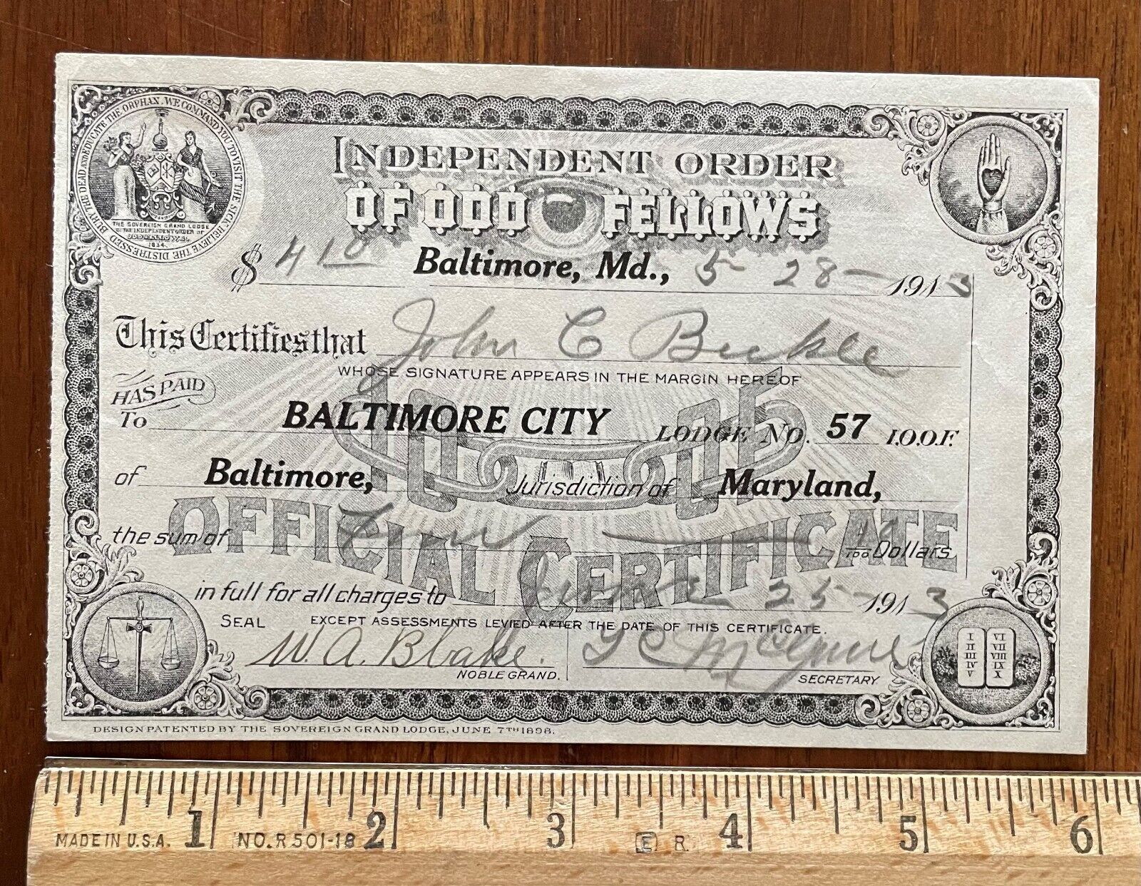 1913 official certificate Odd Fellows John Buckle Baltimore MD Lodge 57