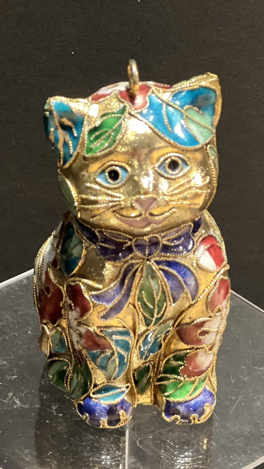 Vintage Multi Color Floral Cloisonné Enamel Cat Figurine Ornament