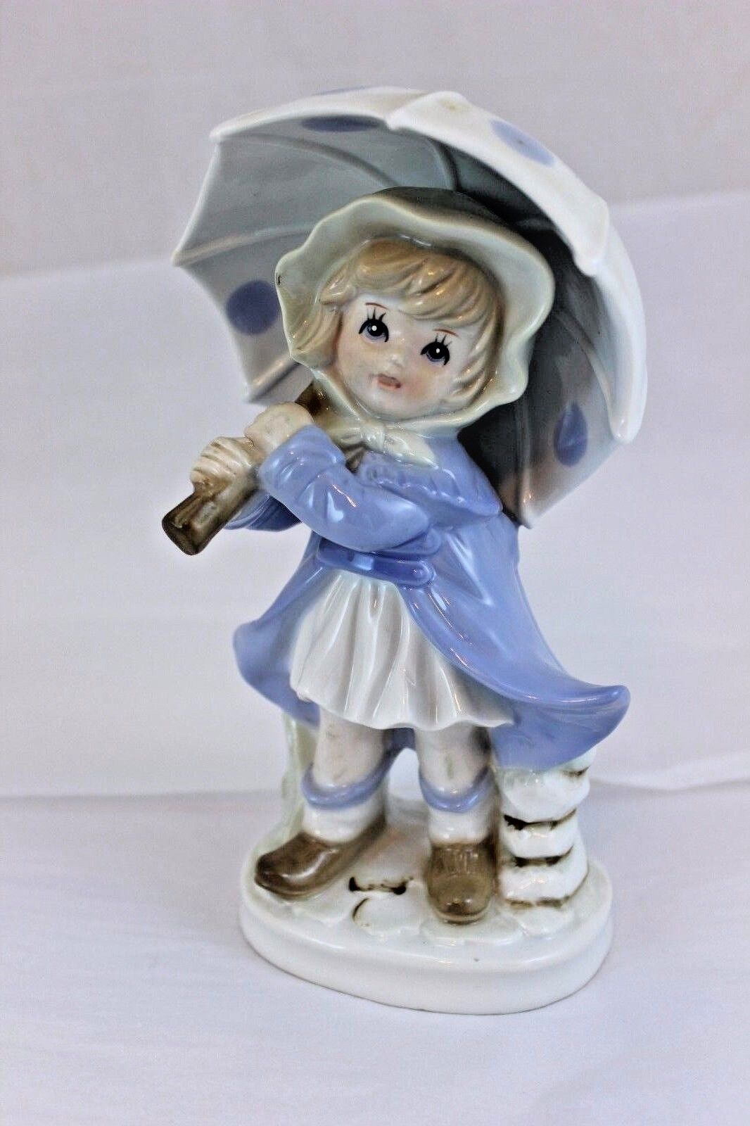 Vintage KPM Porcelain Figurines Rainy Day Girl Umbrella Japan Blue Umbrella 7.5\