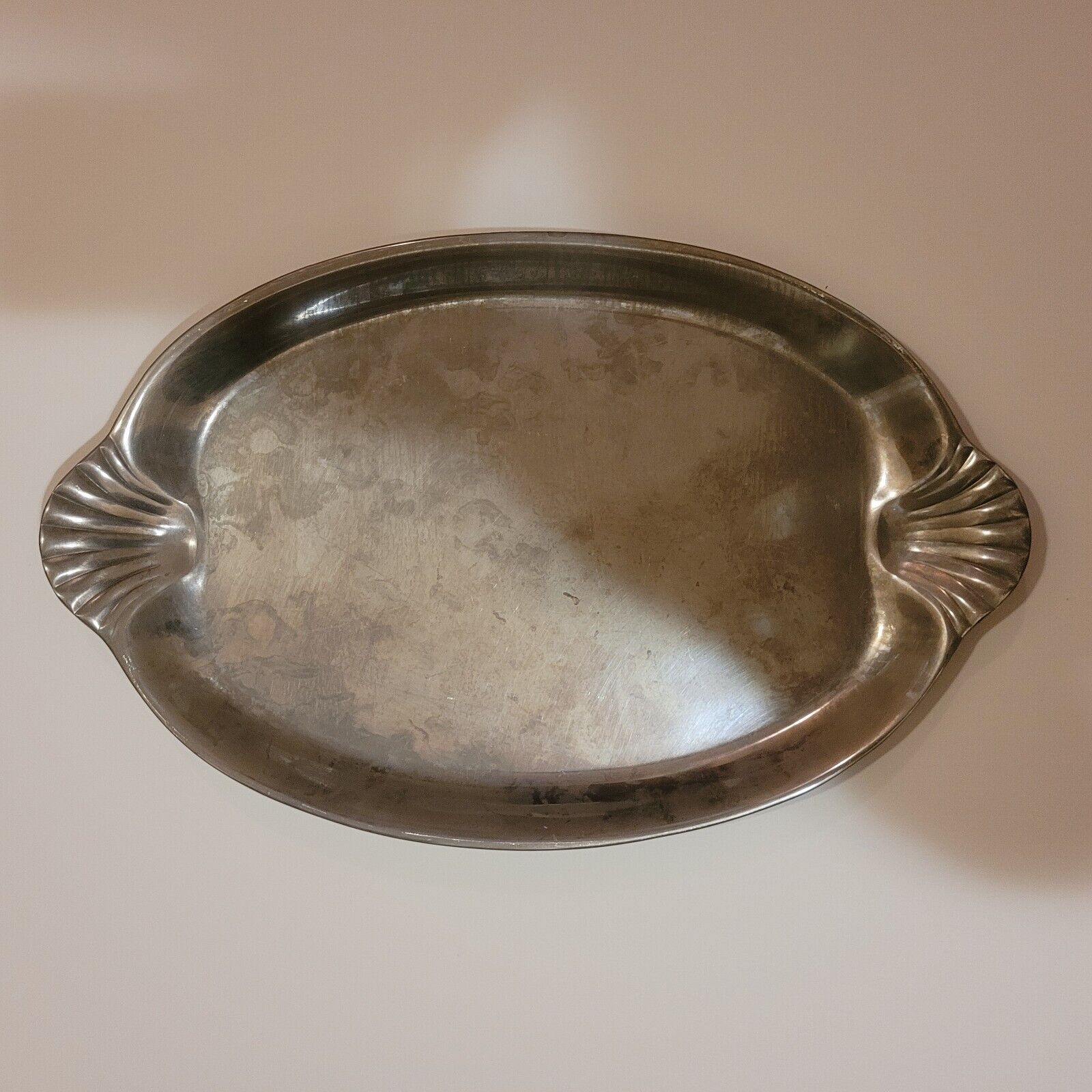 Vintage The Wilton Co. RWP Pewter Serving Platter Oval Scalloped Handle 