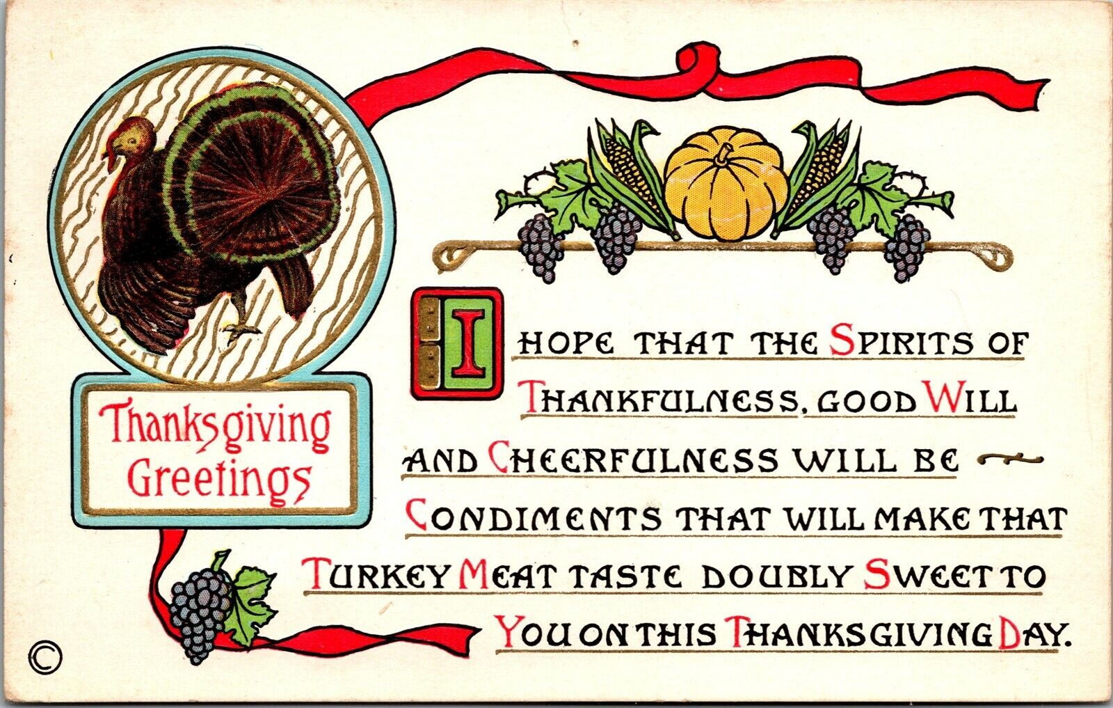 Vtg Thanksgiving Greetings Turkey Poem Verse Embossed 1910s Unused Postcard