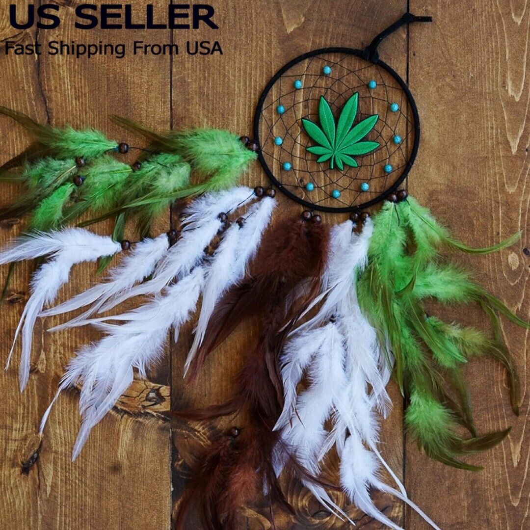 Dream Catcher With Feathers Large Wall Hanging Marijuana Theme 420 Hippie Decor