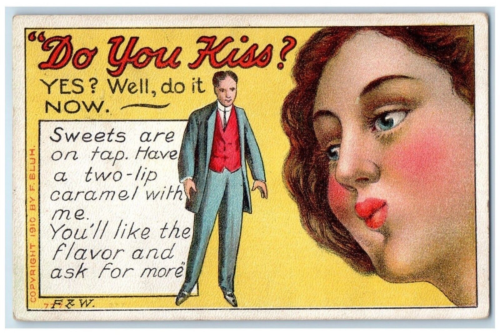 F. Bluh Artist Signed Postcard Pretty Woman Do You Kiss Sweets Are On Tap 1911