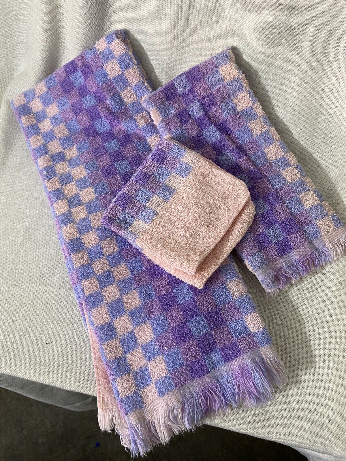 Vintage MCM Cone Towels Set Fringe Pink Purple Checkerboard Pattern  USA