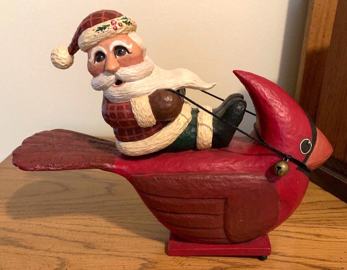 Santa Claus Riding a BIG Cardinal Bird w/Bell By Rodney Leeseberg, Figurine 2002