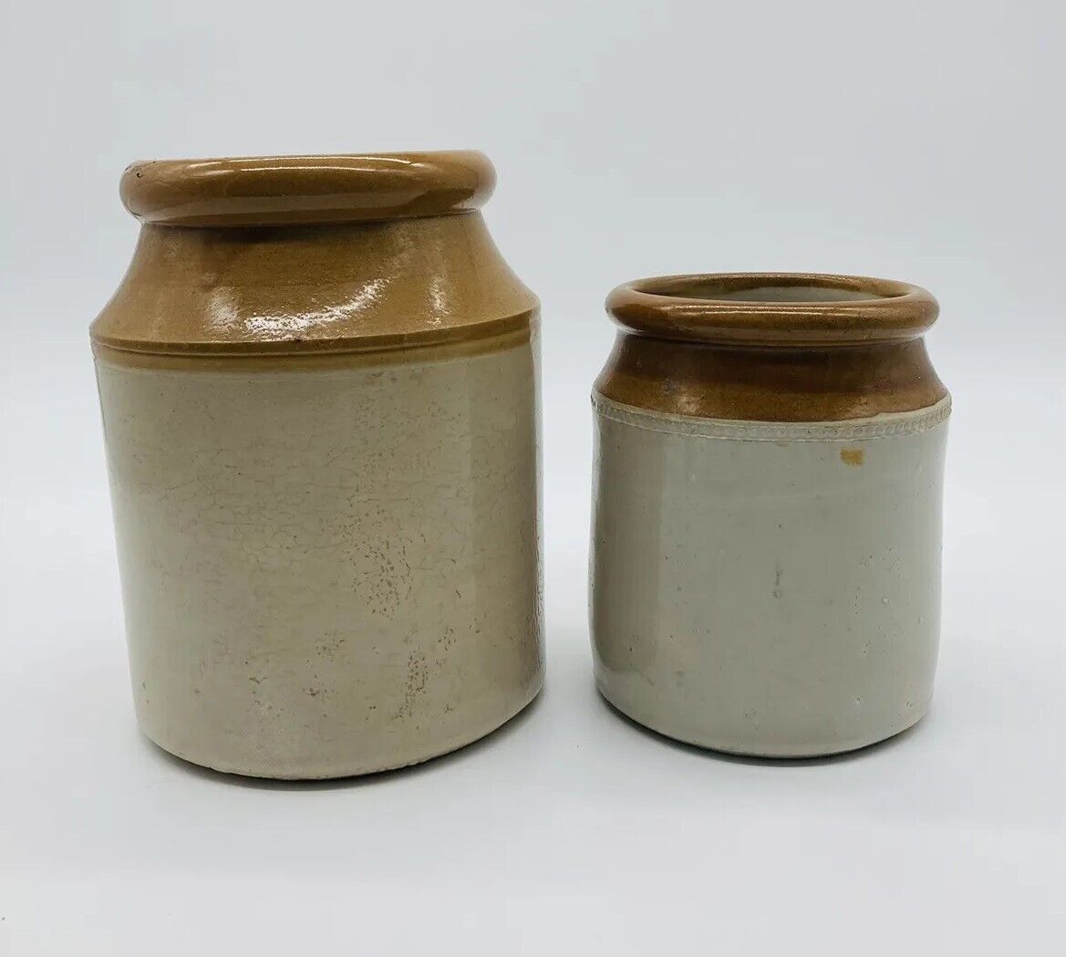 Stoneware Two Tone Pair Jars Utensil Storage Vase Salt Glazed Antique x2 GA