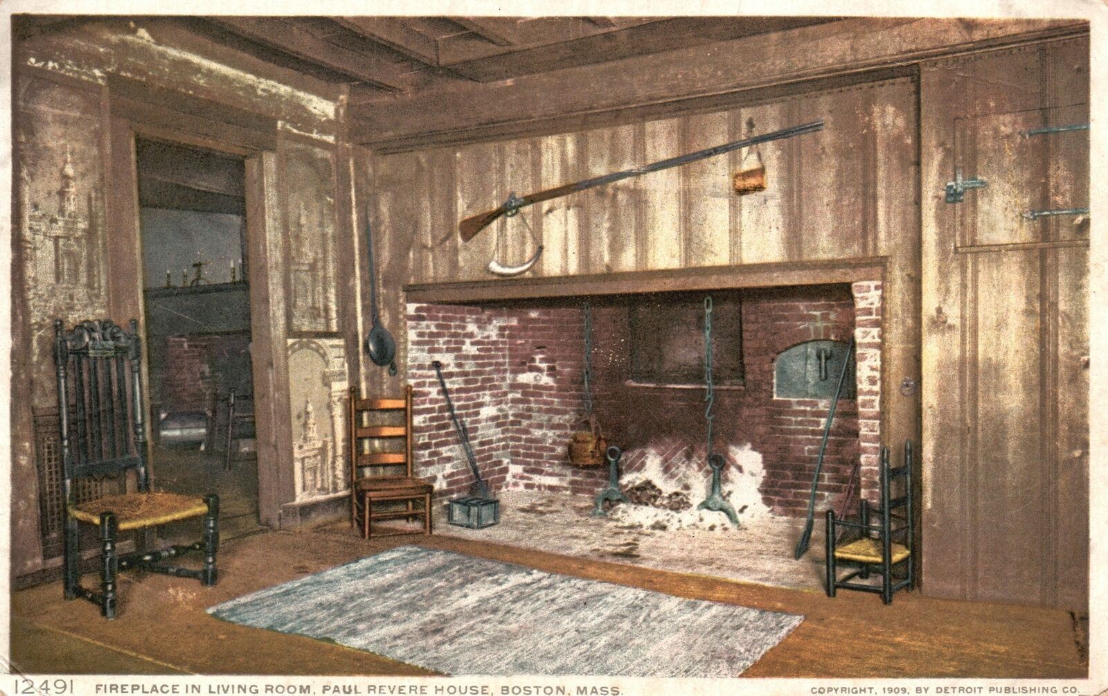 Vintage Postcard 1910\'s Fireplace Living Room Paul Revere Boston Massachusetts