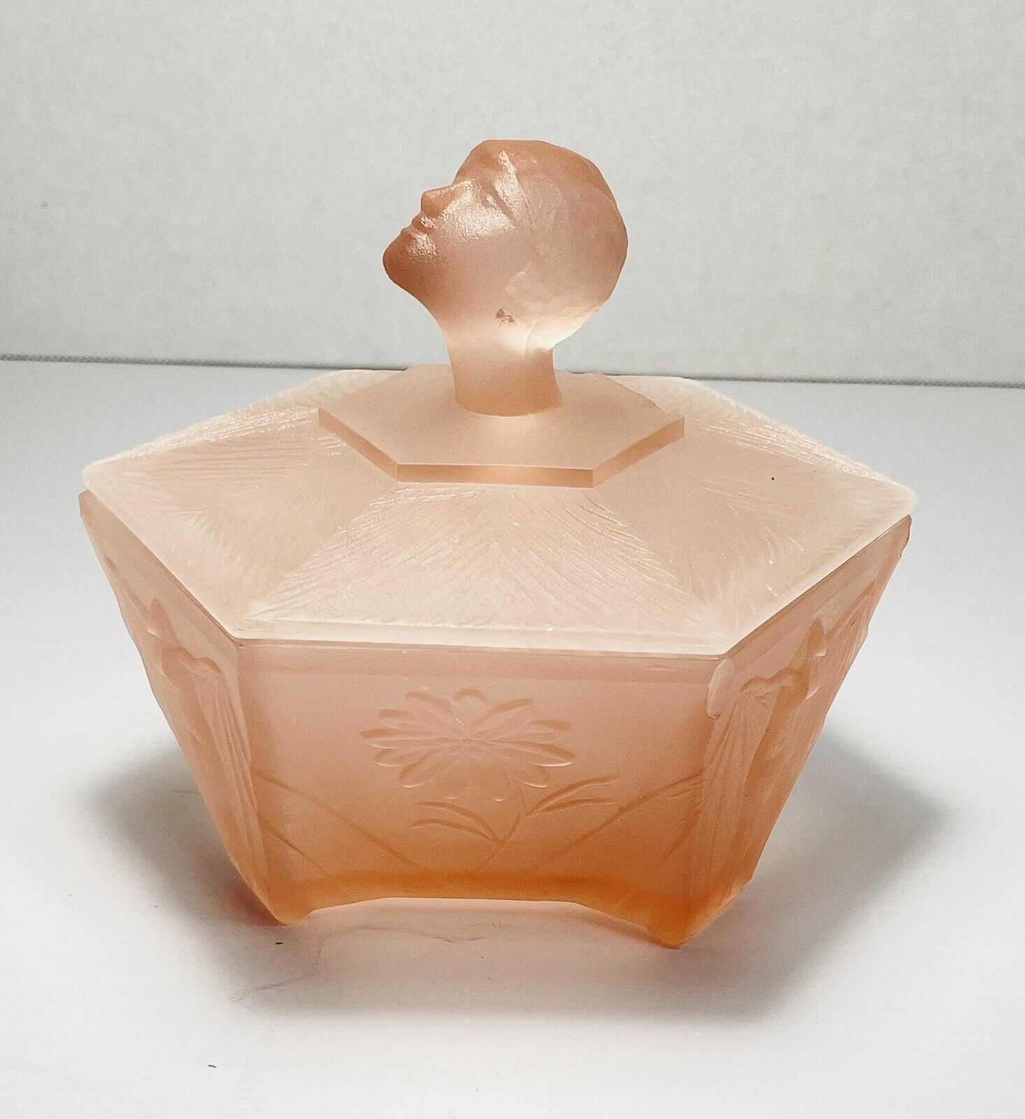 Antique Vtg Ramses Pink Depression Stain Glass Art Deco Powder Jar Vanity