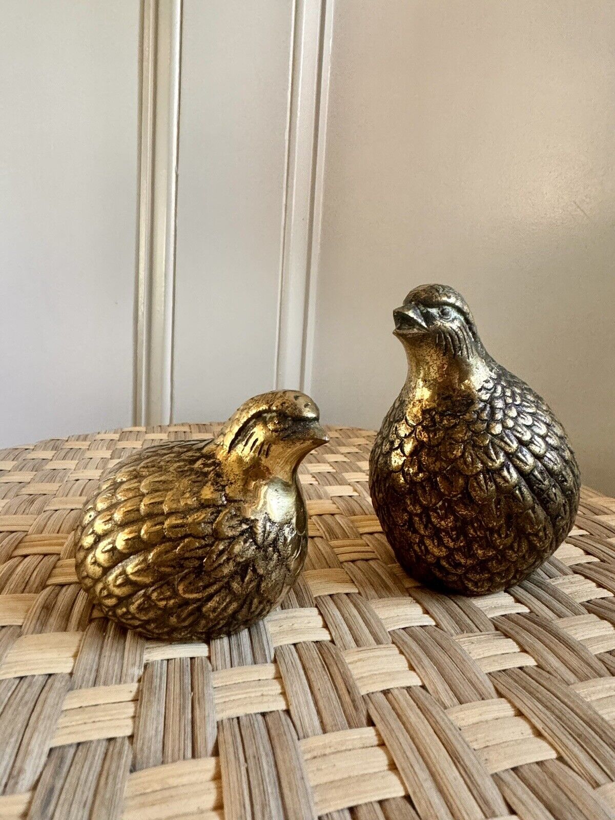 Vintage MCM Solid Brass Quail Birds Figurines SET of 2