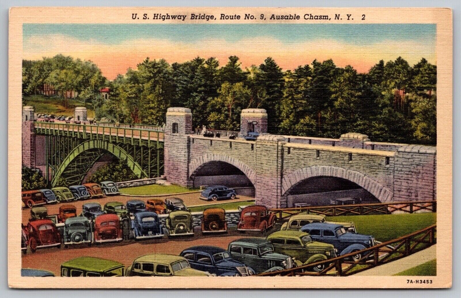 Us Highway Route No 9 Ausable Chasm New York Ny 2 Old Cars Linen Postcard