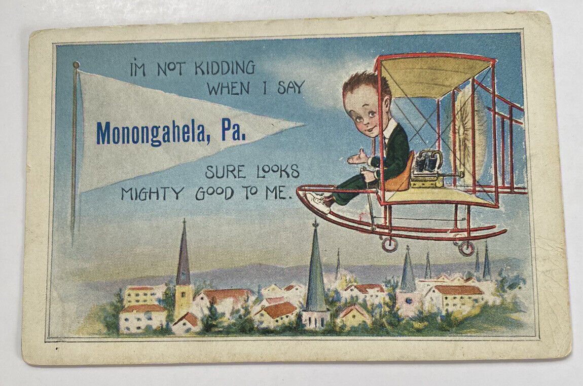 Vintage Postcard~ c1913 Early Aviation Flight Cartoon ~ Monongahela Pennsylvania