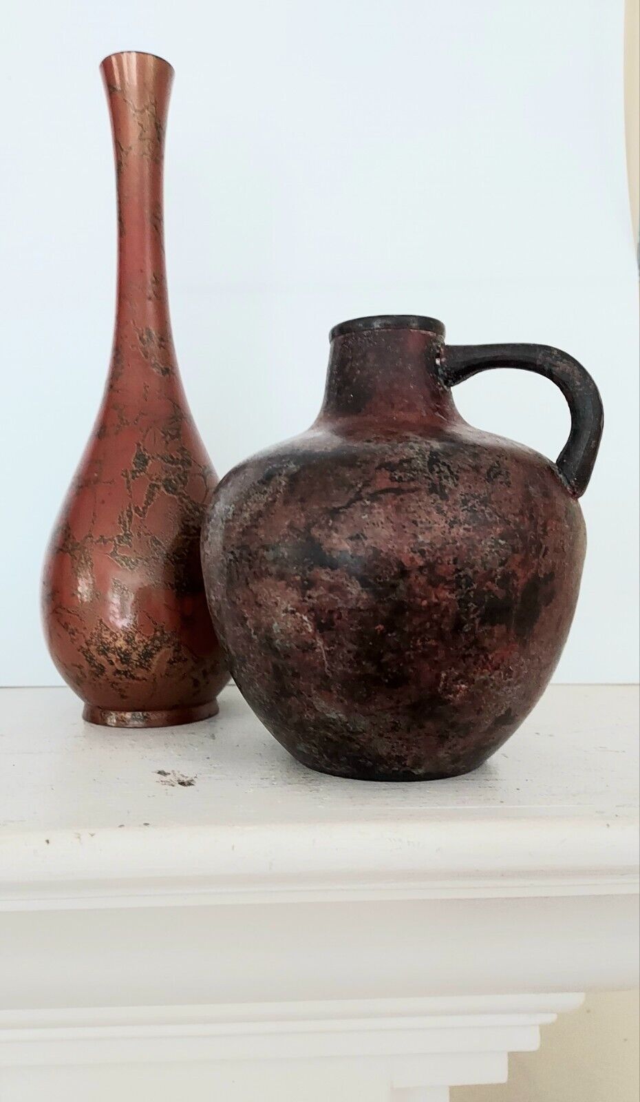 Vintage Pair Art Metal Weed Pot Jug & Vase Handmade Round  Mid- Century Modern 