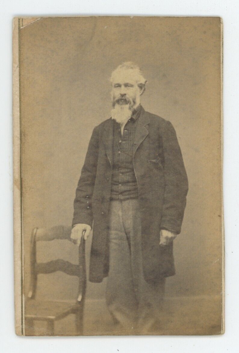 Antique CDV Circa 1870s Stoic Older Man With Full Grey Beard in Suit Bristol, RI