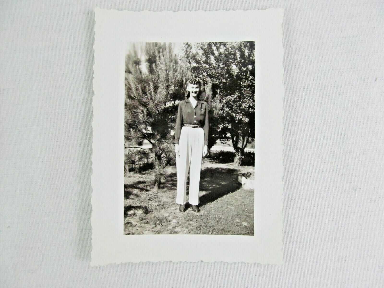 Vintage Black & White Snapshot Woman White Pants Standing Tree B&W Photograph