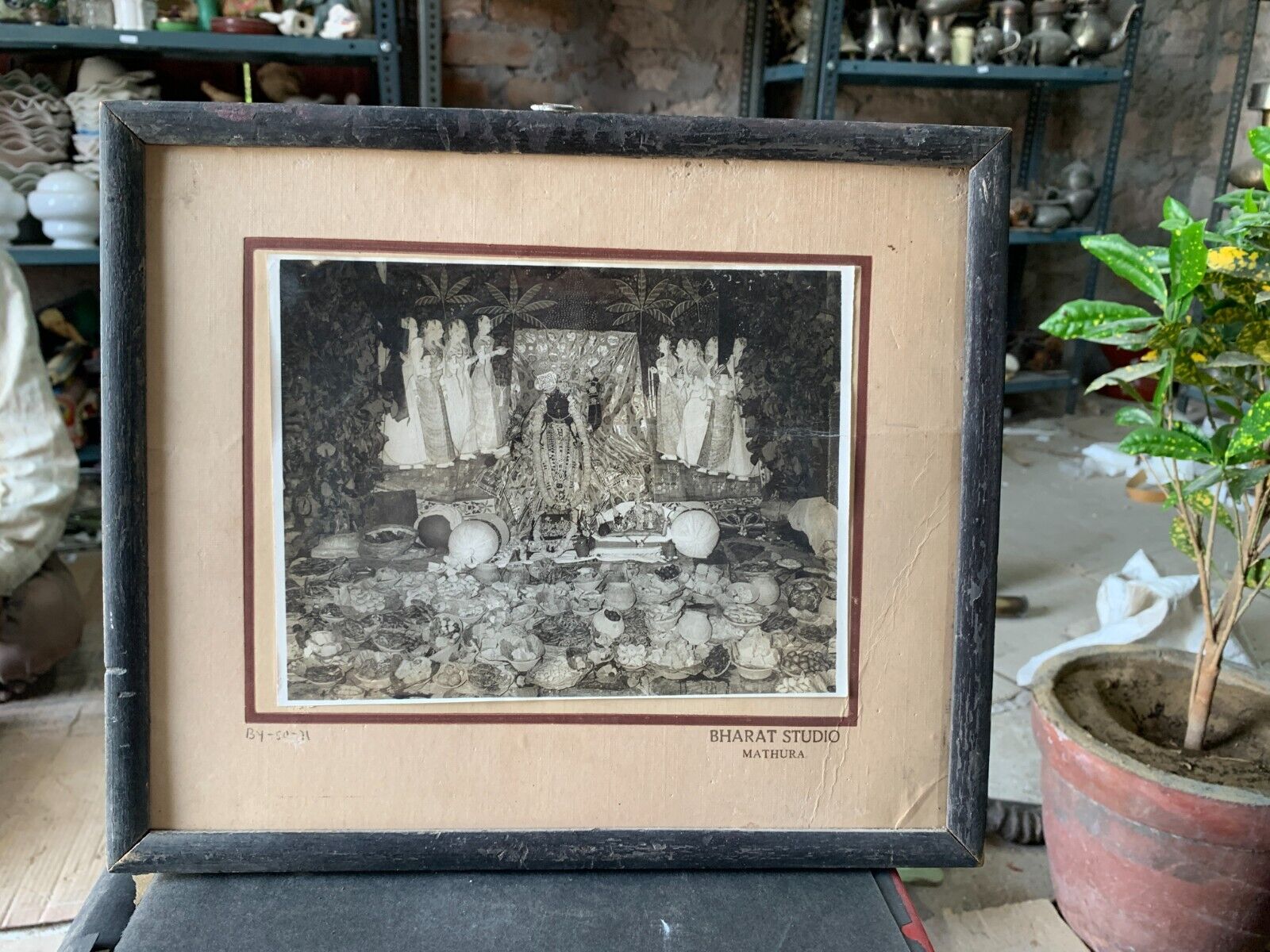 Vintage Lord Giriraj ji Temple 56 Food Offering Black & White Photograph Framed