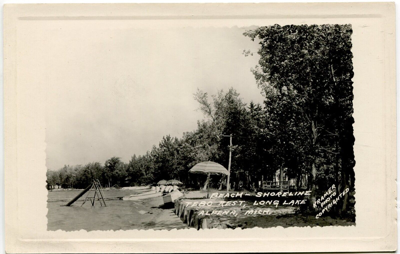 ca 1940s RPPC - Tebo Rest - Long Lake - Alpena, Michigan - Beach - EX