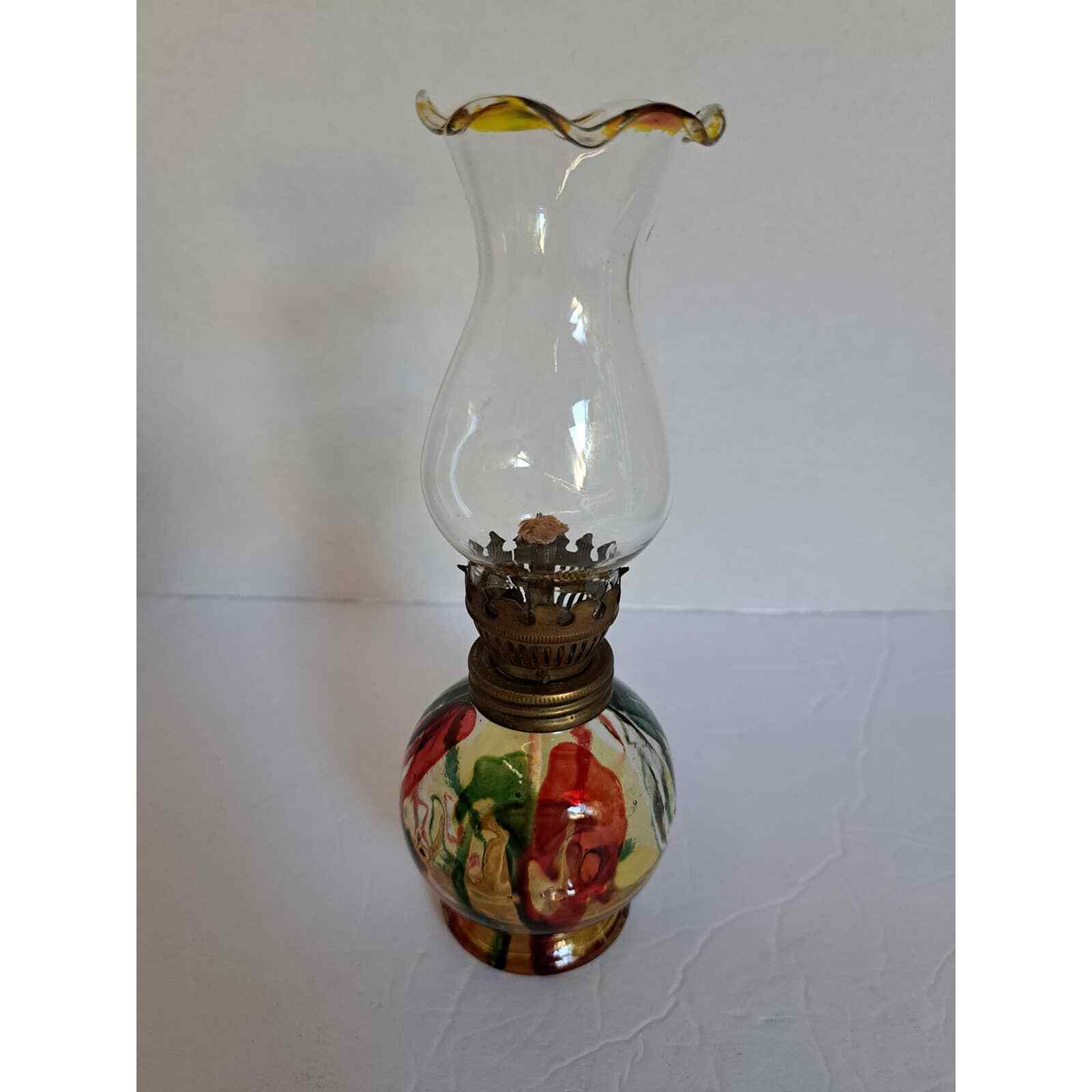 Vintage Miniture Kerosene Oil Lamp Drip Glass With Chimney Swirl Multi Color MCM
