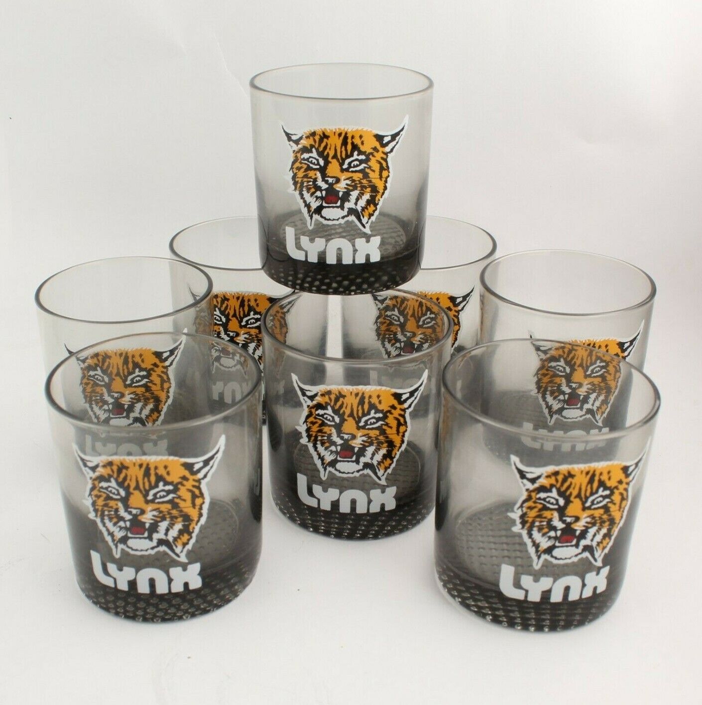 Lynx Clubs Golf Glasses Set of 8 Rocks Glass Barware Vintage 1970s Logo Wild Cat