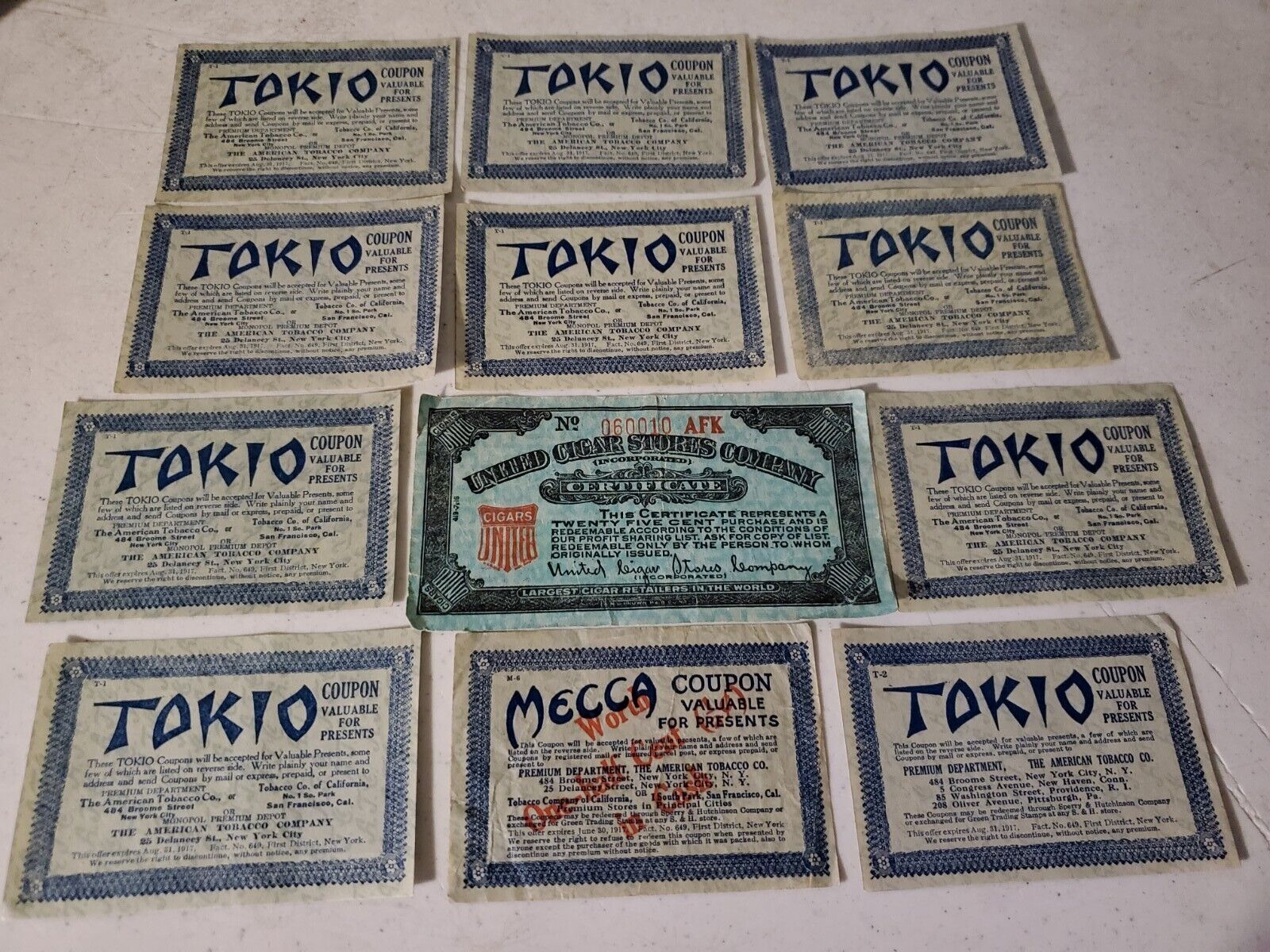 12 Lot Super Rare Vintage 1917 Mecca American Cigar Tobacco CA NY Tickets Coup