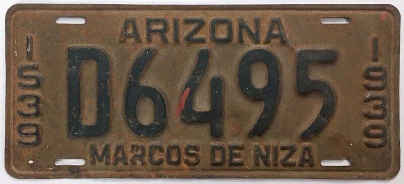 Arizona 1939 Marcos De Niza License Plate D6495 Yavapai County