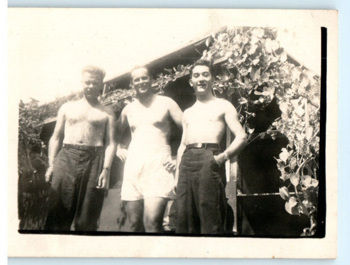 Vintage Photo 1940s, WW2 US Navy 3 Sailors Shirtless outside barracks, 3.5 x 2.5