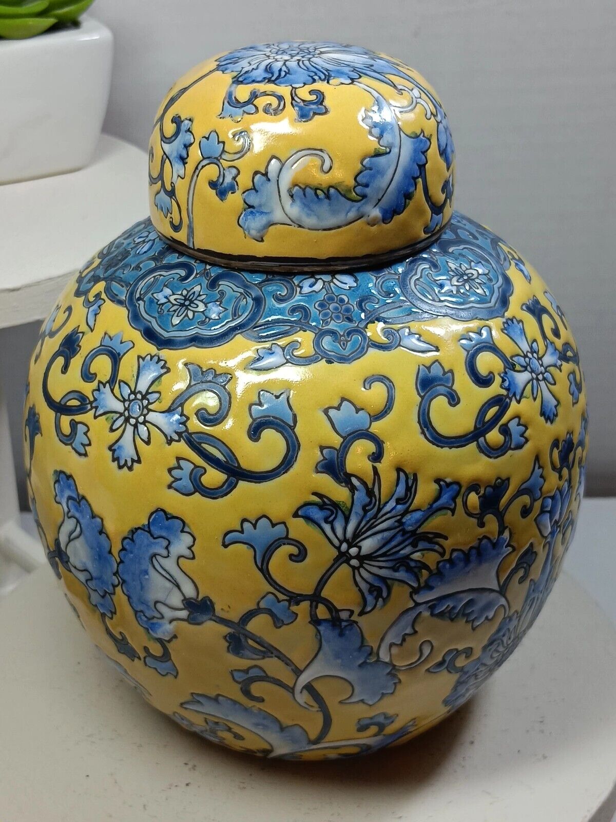 Vintage Chinese Porcelain Ginger Jar Blue Yellow W/Lid Cloisonne Style Design 