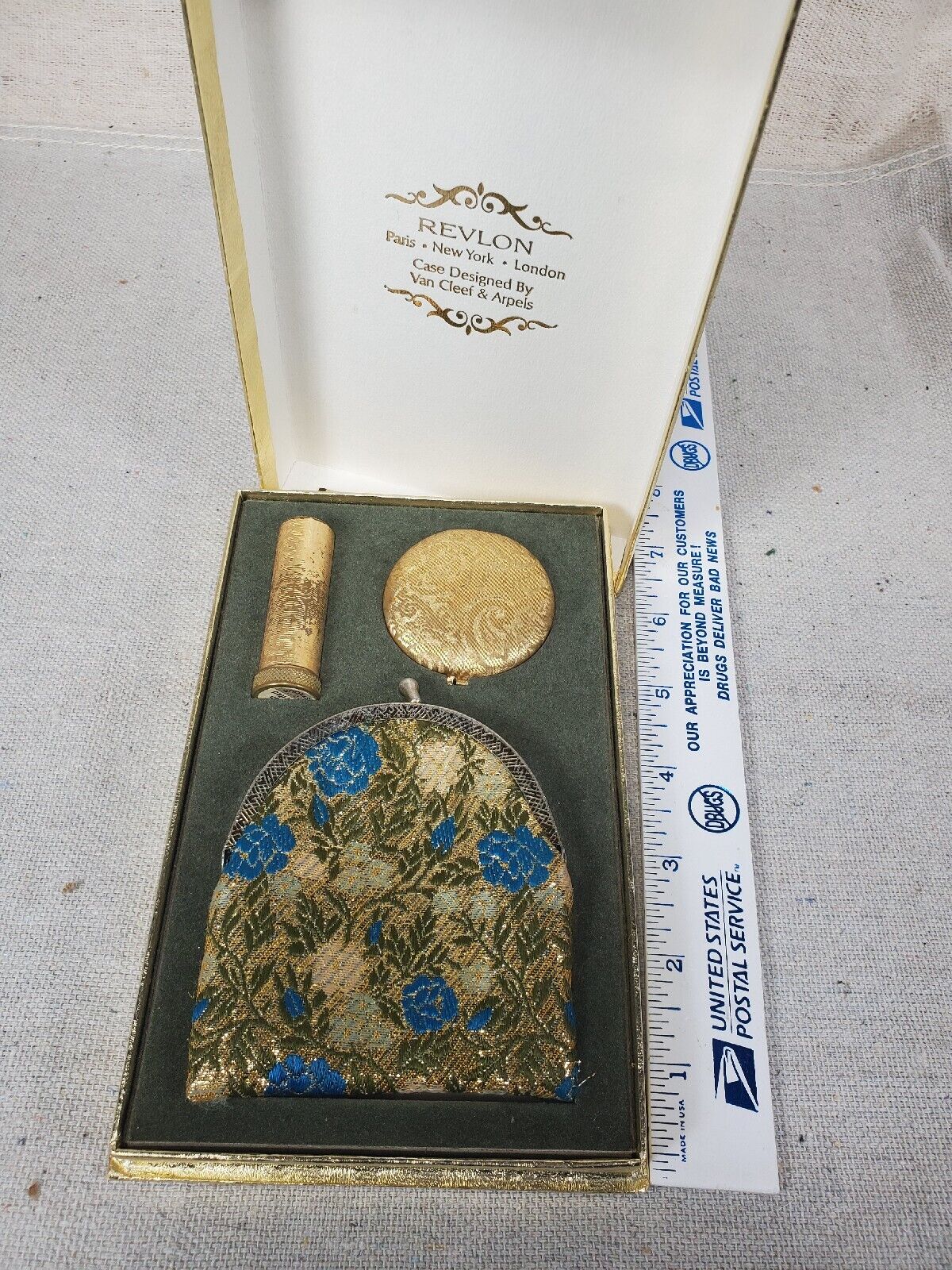 Vintage Revlon 3 Pc Set Gold Compact Lip Stick and Floral Bag and original box