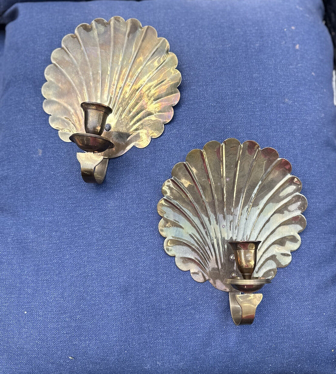Pair Of Vintage Clamshell shaped solid brass wall sconce candle holders
