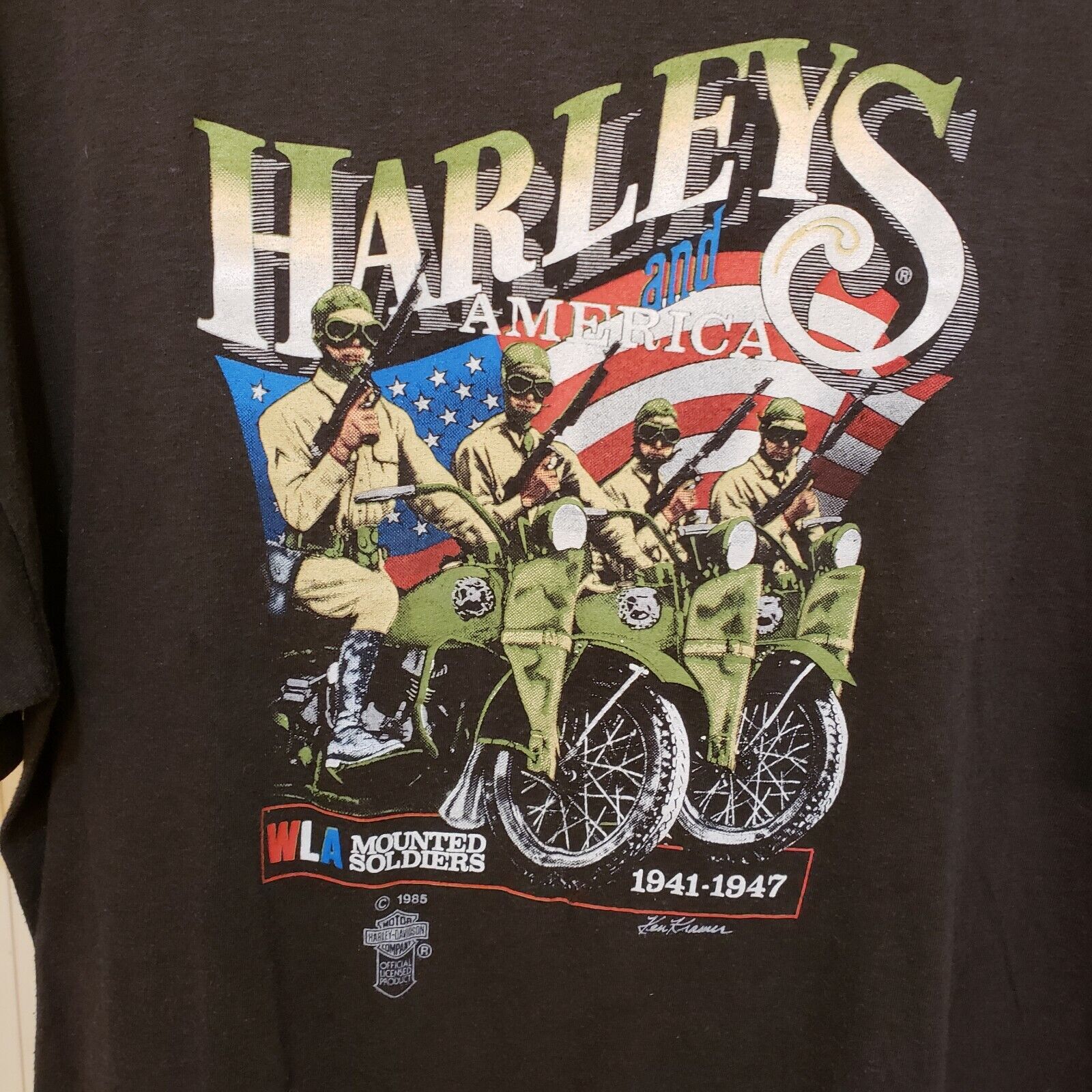 Harley Davidson America WLA WW2 Mounted Soldiers 3D Tshirt 1985 SEE DESCRP
