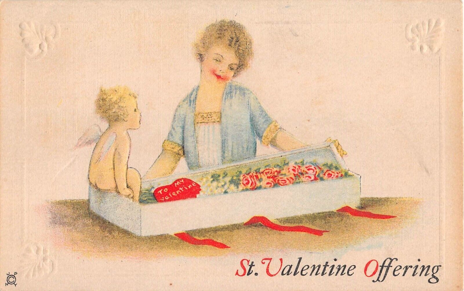 Cupid by Pretty Lady Opening Gift Box of Roses-Old Art Deco Valentine's Day PC