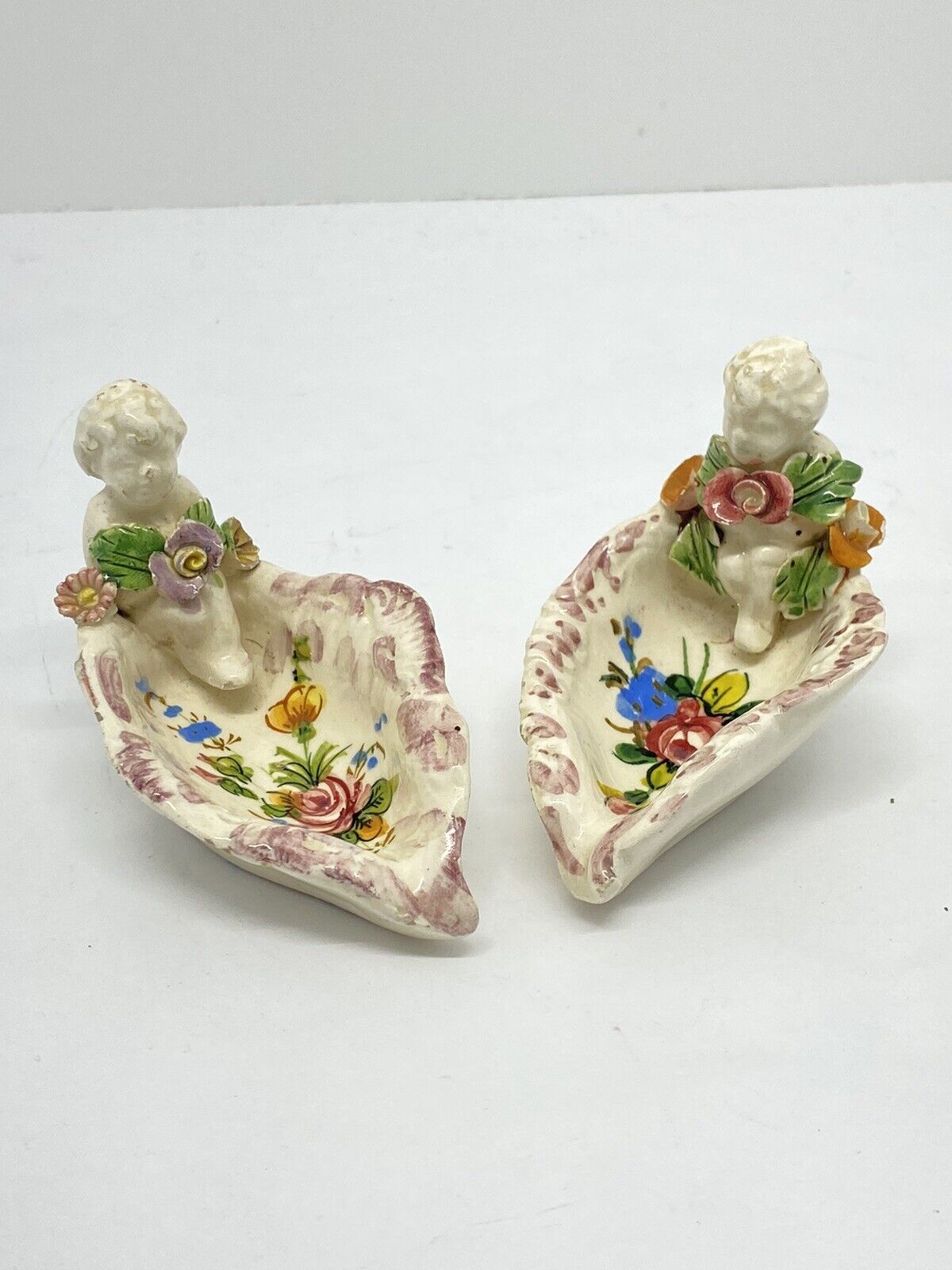 Antique Italian porcelain small serving dish cherub rose Pair