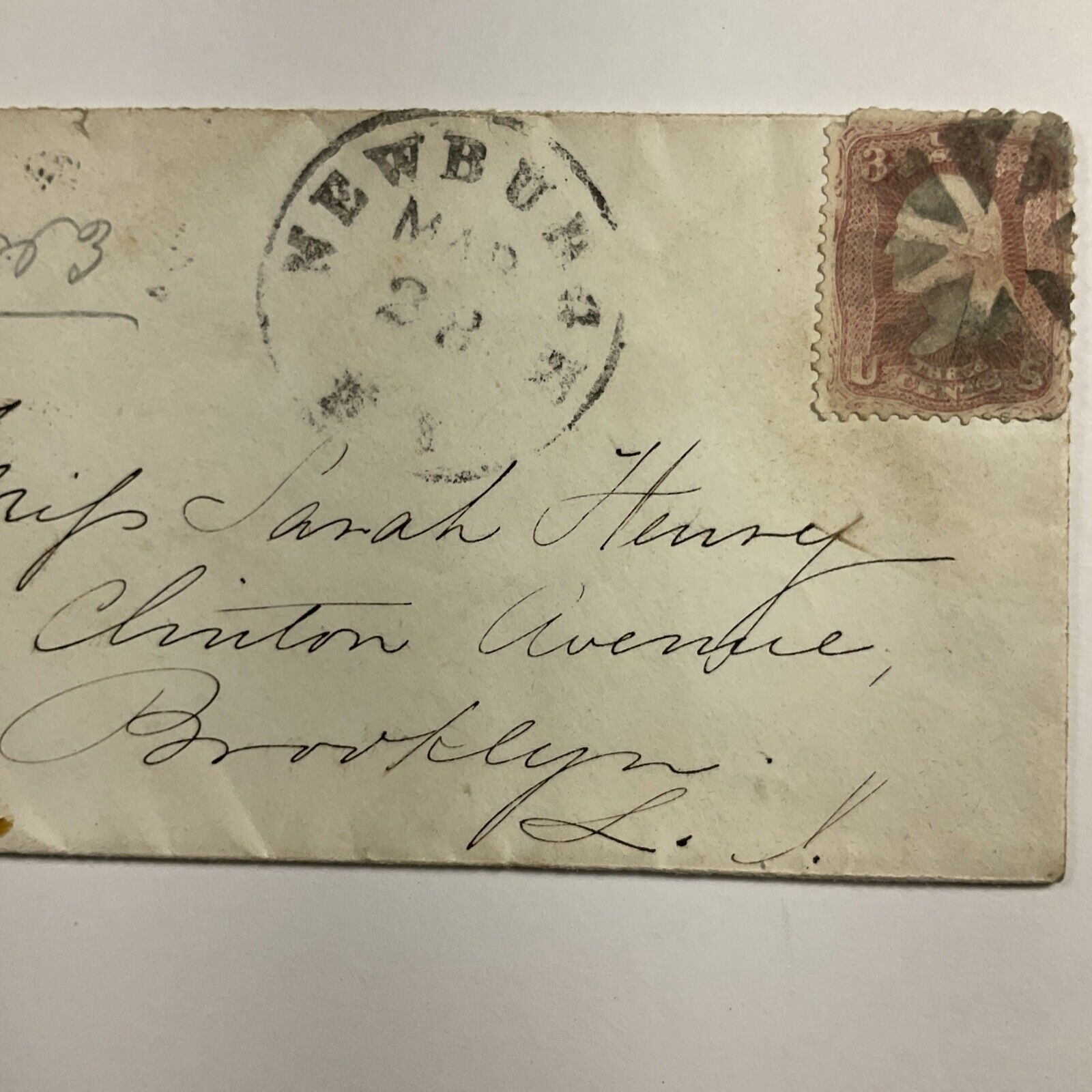 1863 Newburgh, New York Antique Envelope & 3c Washington Stamp Brooklyn New York