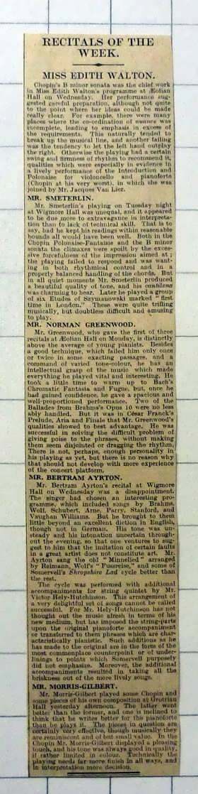 1927 Recitals Miss Edith Walton, Mr Smeterlin, Norman Greenwood, Bertram Ayrton