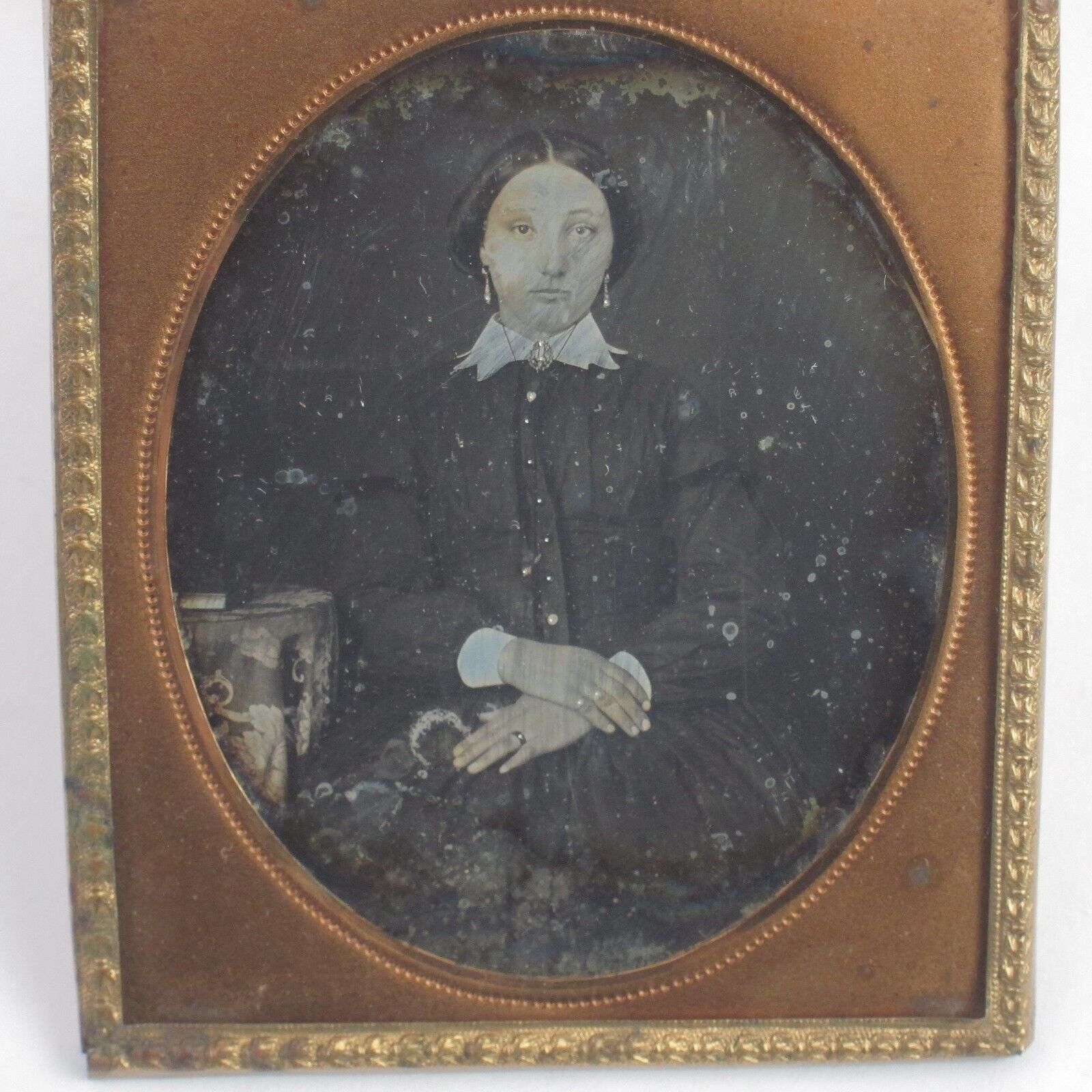 Daguerreotype 1/6 Plate Young Woman Sitting Table at Side Dress 1840s Antique