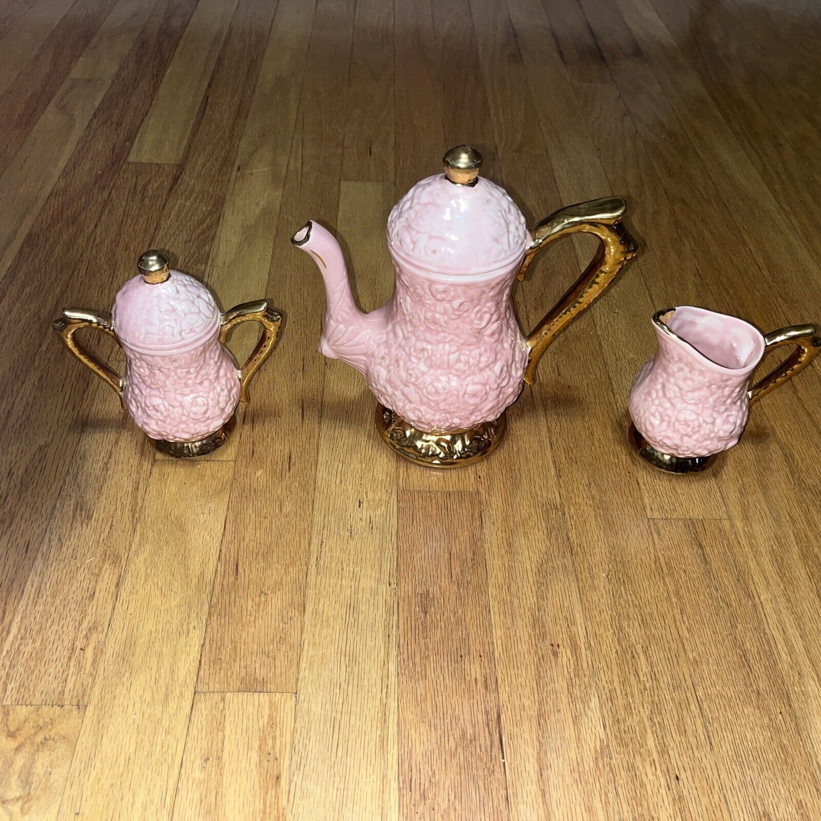 Vintage Pink Floral Embossed Glazed Ceramic Tea Pot Sugar Cream Set Gold Trim