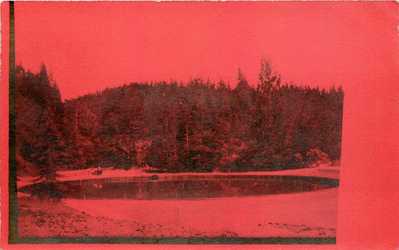 c1910 RPPC Postcard on Red Paper, Mountain Reservoir, Unknown US, Prob. OR or CA