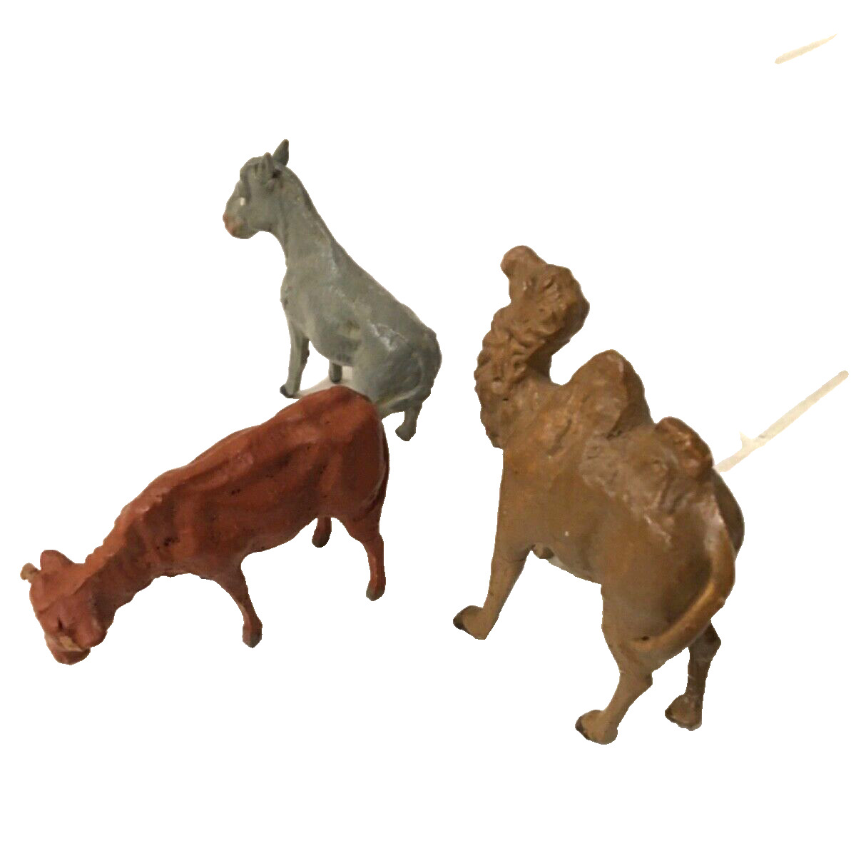 Lot of 3 Antique Germany Putz stick leg nativity animals- cow, donkey, camel