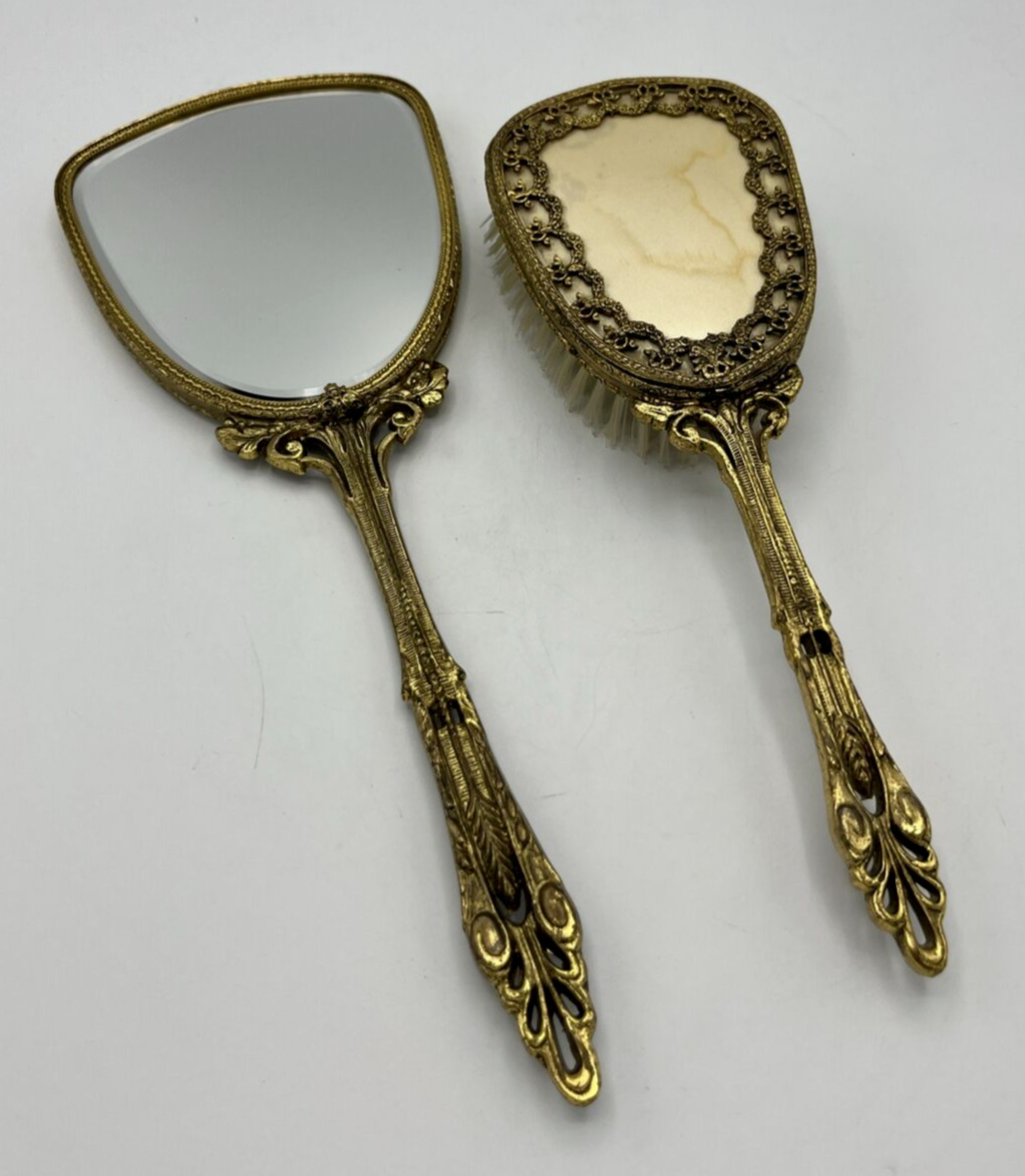 Ornate Gold Brass Vanity Mirror and Hair Brush Set Gilded Details