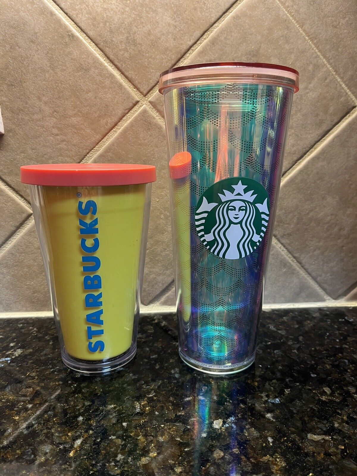 Starbucks 2 Cold Cup Tumbler Lot 1 Iridescent Mermaid Scales 1 Dayglow Yellow