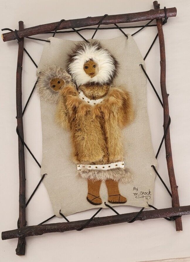 Vintage 1970s Meribeth Orock (Alaska) Fur Eskimo Mother & Child Wall Art