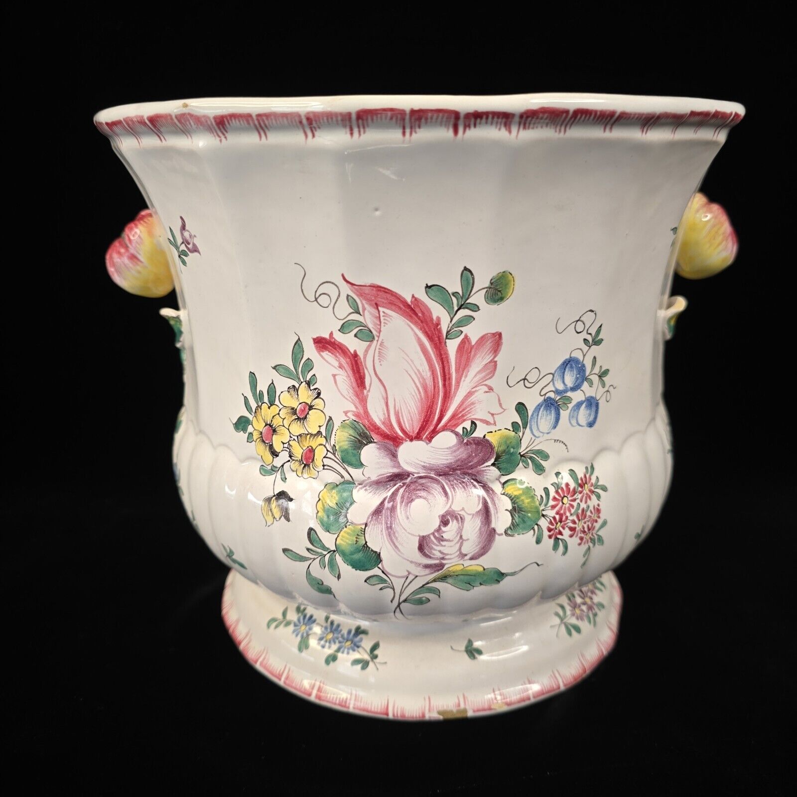 Antique French Faience Hand Painted Cache Pot Planter Floral Theme