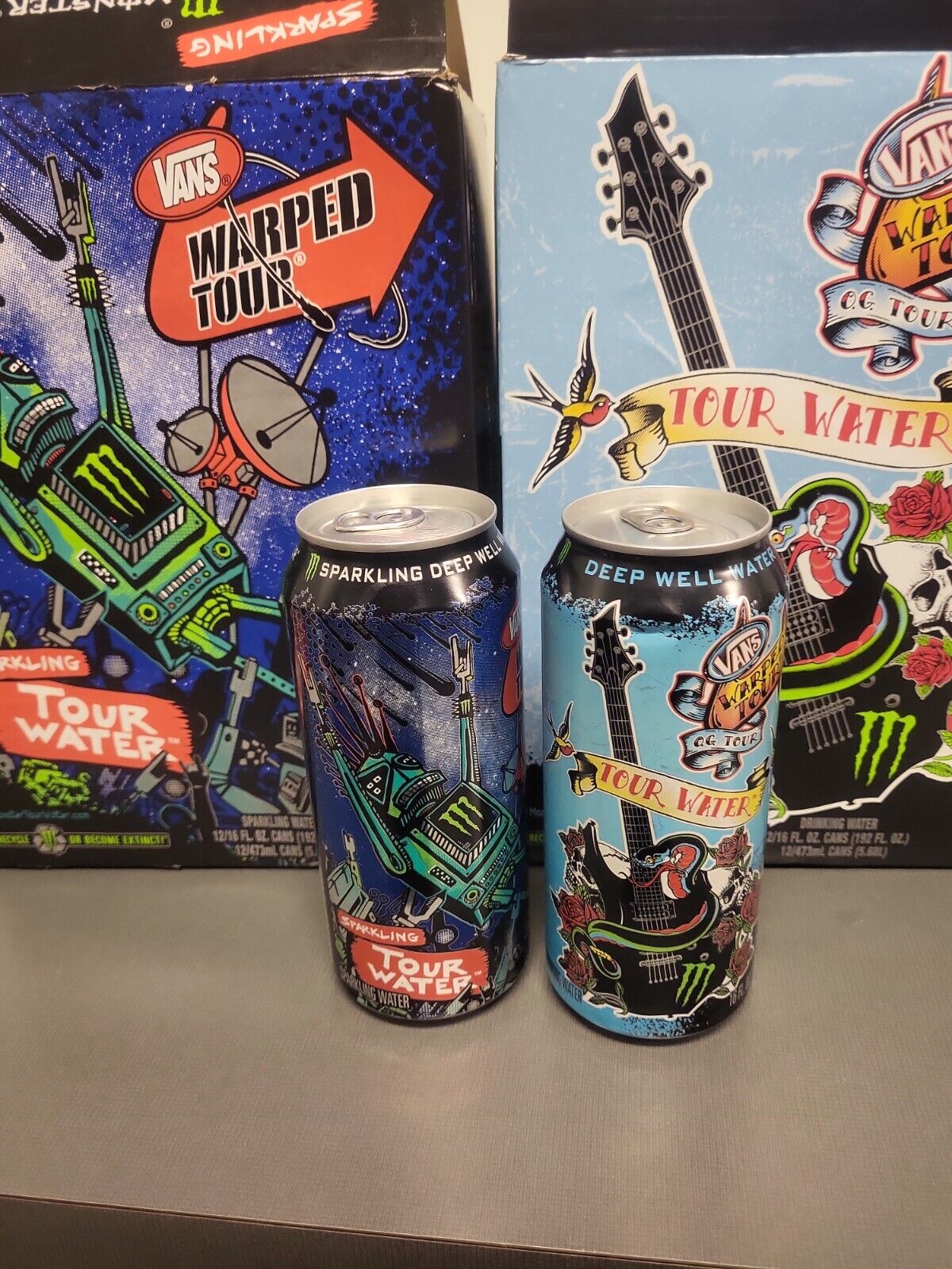 2 Full Cans Monster Energy Vans Warped Tour Water, 1 Sparkling and 1 Deep Well.