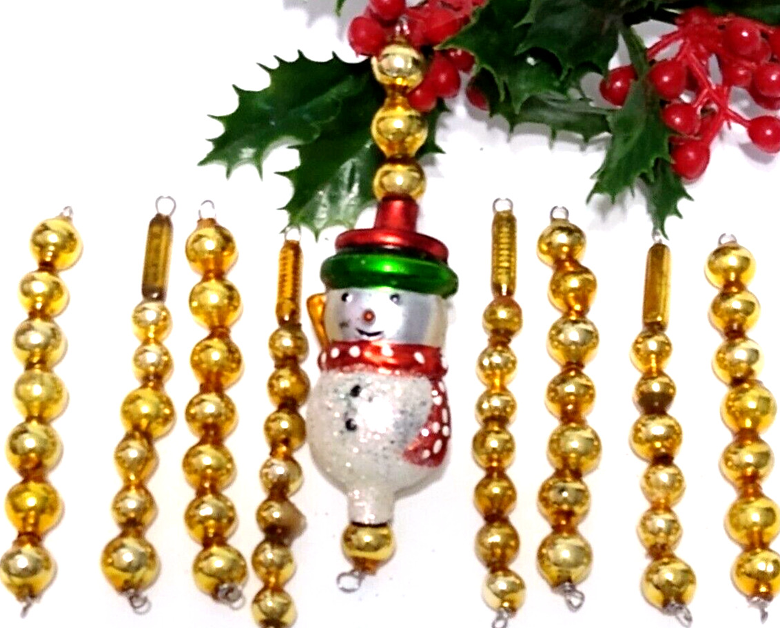 vtg Christmas Ornaments lot of 9 Mercury Glass Bead Icicles SNOWMAN Gold #324