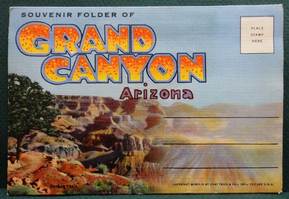 vintage PC LINEN FOLDER~UNUSED~GRAND CANYON AZ, souvenir folder,trees, bridges.