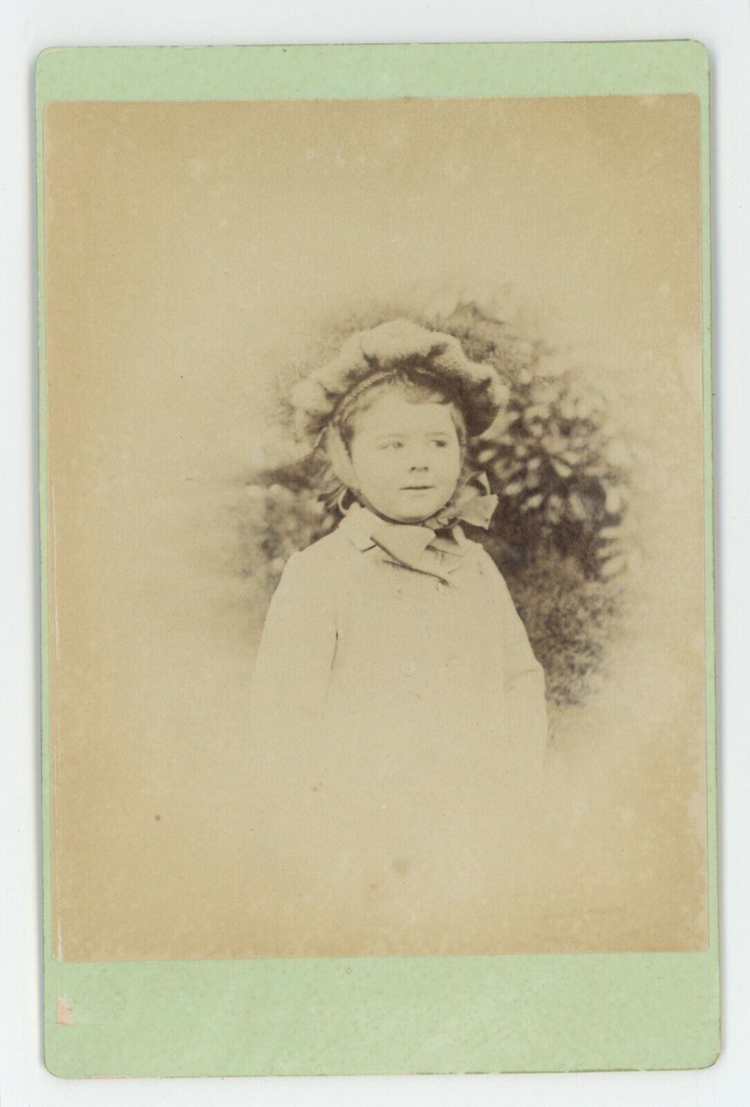 Antique Circa 1880s Cabinet Card Beautiful Little Girl in Fancy Bonnet Outside