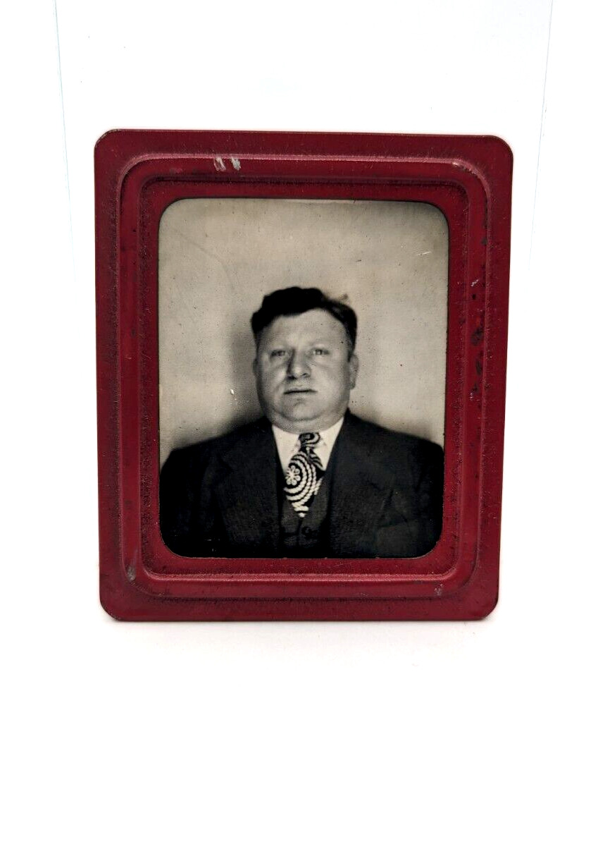 Fat European Dapper Man 1930s Vintage Photomatic Photo Booth Red Border Frame